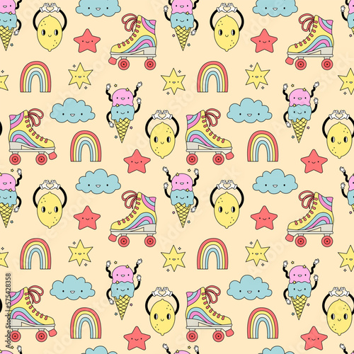 Retro groovy seamless pattern in trendy cartoon style. Backgroung for package, social media, textile, wallpaper, wrapping paper