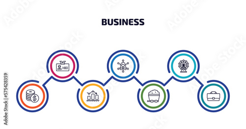 business infographic element with outline icons and 7 step or option. business icons such as club card, multitasking woman, ferris wheels, one dollar coins, business graph, mining cart, bussines