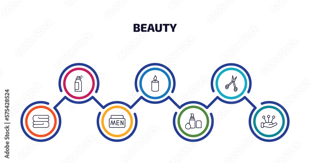 beauty infographic element with outline icons and 7 step or option. beauty icons such as hair spray, candle light, hair scissors, folded towel, men cream, concealer, massage vector.