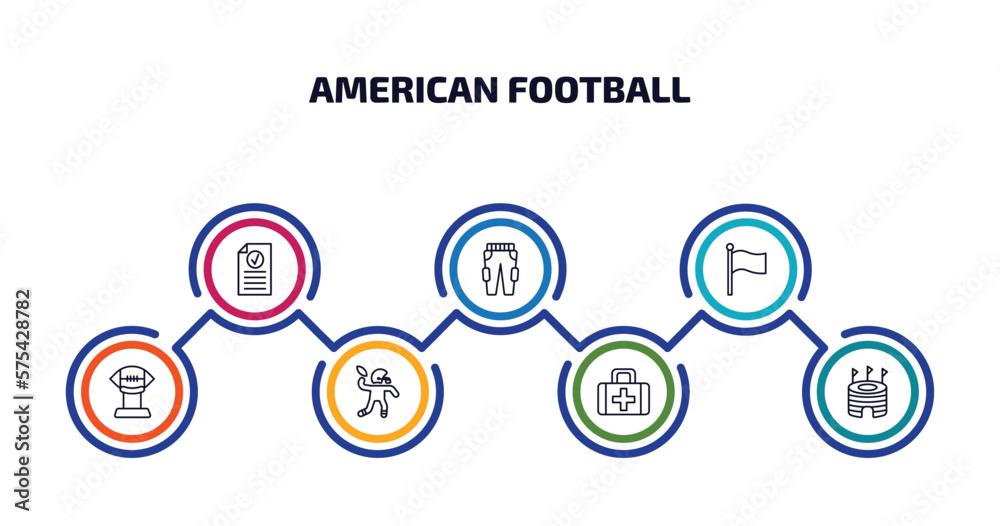american football infographic element with outline icons and 7 step or option. american football icons such as results, practice pants, flag, american football tee, player, first aid kit, stadium