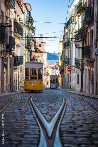 Elevador da Bica a tram, or elevator, to overcome the differences in height. Old street and buildings in Lisbon, Portugal