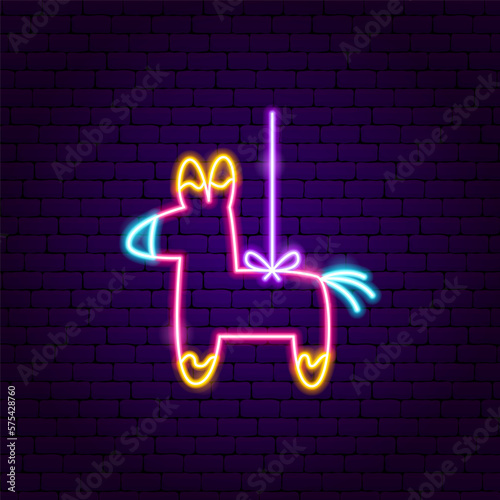 Pink Pinata Neon Sign. Vector Illustration of Hispanic Religion Holiday Glowing Led Electric Light.