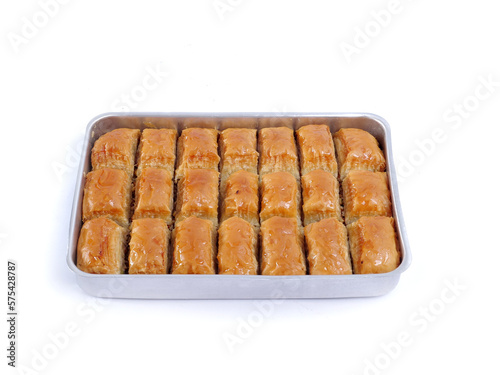 BAKLAVA WITH PISTACHIO syrup dessert in tray top view