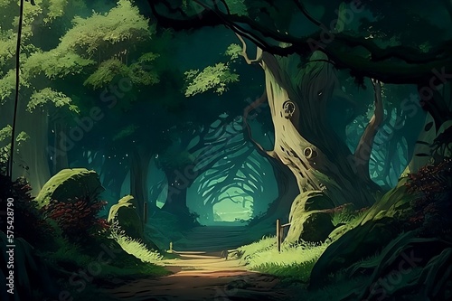 Fantasy forest with a path leading to the entrance. Vector illustration. Inspired Anime Series photo