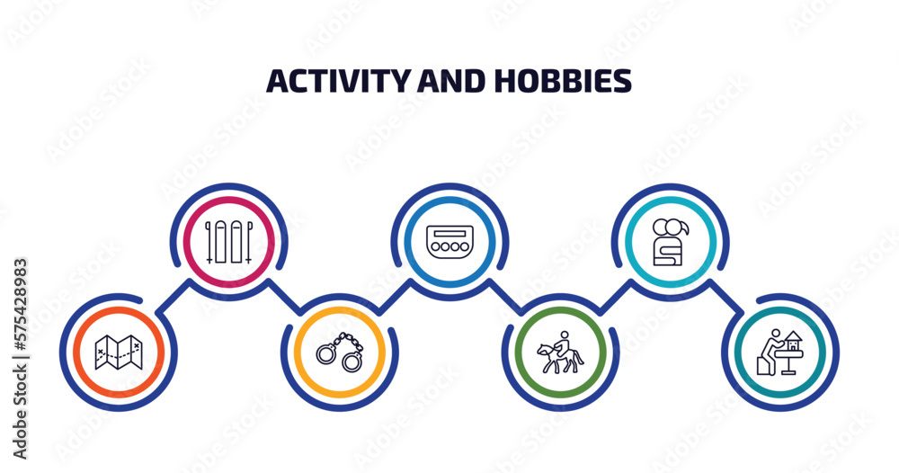 activity and hobbies infographic element with outline icons and 7 step or option. activity and hobbies icons such as skii, baccarat, couple huging, travelling, arrest, horse riding, model building activity and hobbies infographic element with outline icons and 7 step or option. activity and hobbies icons such as skii, baccarat, couple huging, travelling, arrest, horse riding, model building