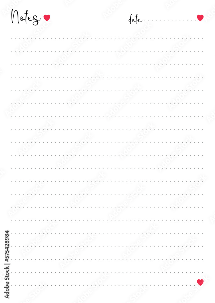Vector illustration of note pad page with dotted lines and red hearts. Cute sheet for women or girls Vector illustration of note pad page with dotted lines and red hearts. Cute sheet for women or girls