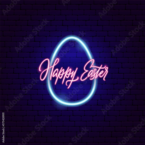 Happy Easter Egg Neon Label. Vector Illustration of Spring Christianity Religion Holiday Glowing Led Electric Light.