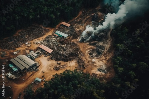 Aerial view of deforested area of the Amazon rainforest caused by illegal mining activities, created with Generative AI

