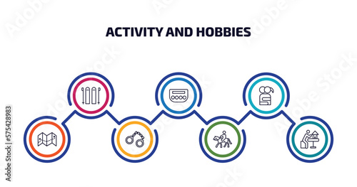 activity and hobbies infographic element with outline icons and 7 step or option. activity and hobbies icons such as skii, baccarat, couple huging, travelling, arrest, horse riding, model building