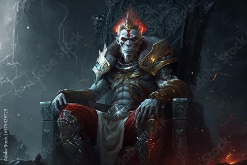 futuristic monkey king sitting on throne red eye created with Generative AI technology