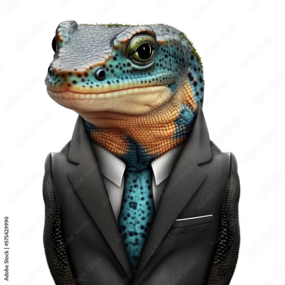 Portrait of a Salamander dressed in a formal business suit on white background, transparent png, generative ai Portrait of a Salamander dressed in a formal business suit on white background, transparent png, generative ai