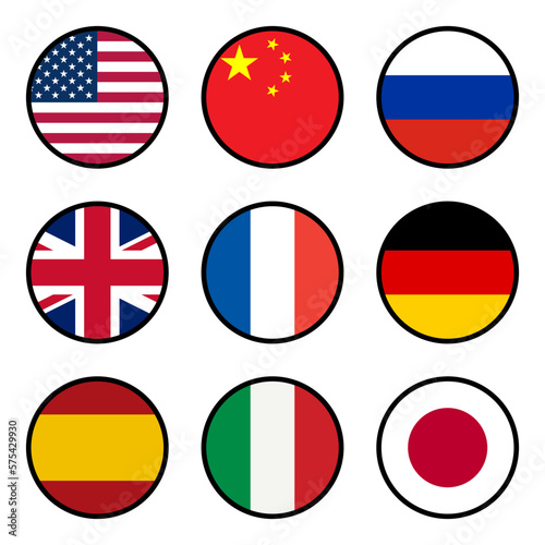 Set of Round Flag Icon Collection of USA United States of America, China, Russia, United Kingdom UK Great Britain, France, Germany, Spain, Italy and Japan with Contour Outline. Vector Image.