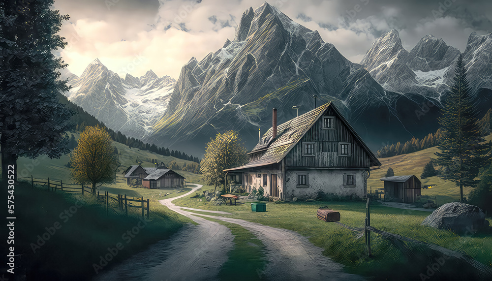 Obraz premium Berglandschaft in Österreich Tirol Salzkammergut mit Bergen Seen Flüssen Illustration Background Hintergrund Photorealismus Cover Generative AI Digital Art Kunst