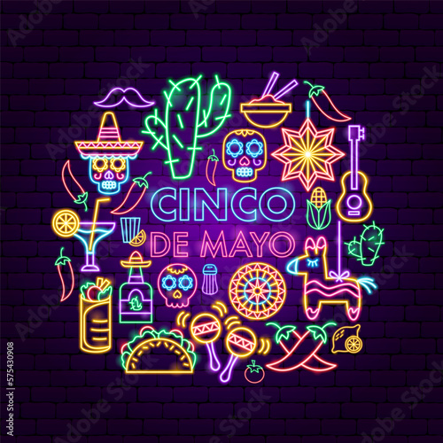 Cinco de Mayo Neon Circle Concept. Vector Illustration of Hispanic Religion Holiday Glowing Led Electric Light.