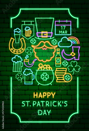 Saint Patricks Day Neon Label. Vector Illustration of Green 17 March Holiday Glowing Led Electric Light.