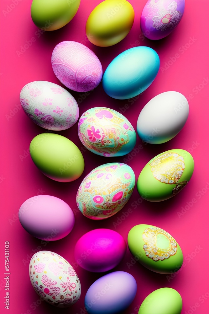 Handmade decorated Easter eggs on pink background - generative ai Handmade decorated Easter eggs on pink background - generative ai