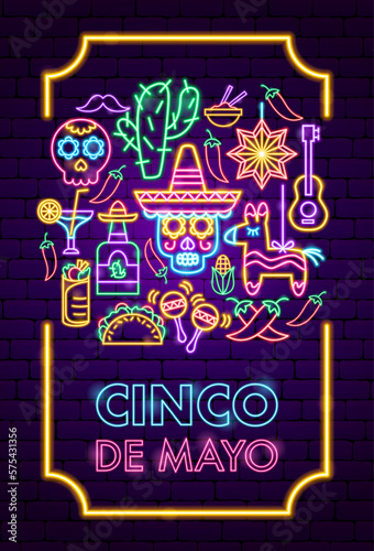 Cinco De Mayo Neon Poster. Vector Illustration of Hispanic Religion Holiday Glowing Led Electric Light.
