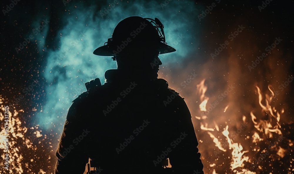 Firefighter silhouette surrounded by burning forest. Generative ai. Firefighter silhouette surrounded by burning forest. Generative ai.