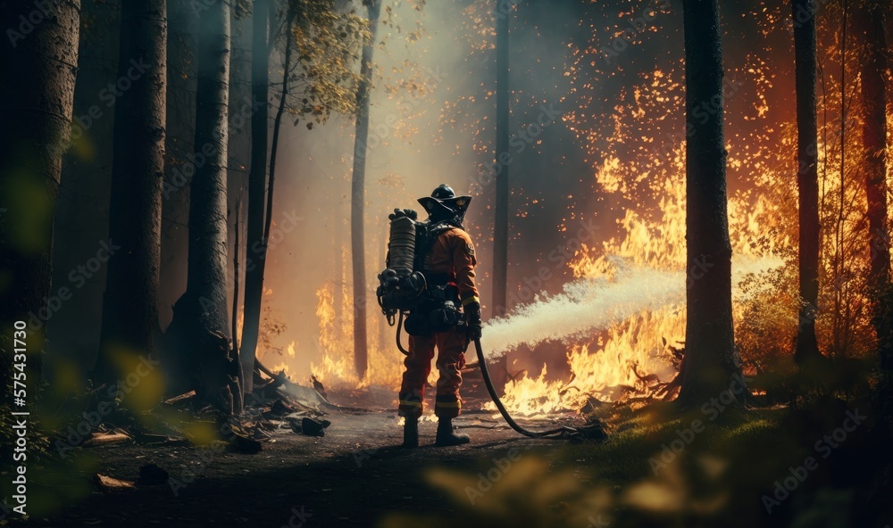 Firefighters in the middle of a forest engulfed in fire flames. Generative ai. Firefighters in the middle of a forest engulfed in fire flames. Generative ai.