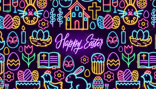 Fototapeta Naklejka Na Ścianę i Meble -  Happy Easter Neon Banner. Vector Illustration of Spring Christianity Religion Holiday Glowing Led Electric Light.