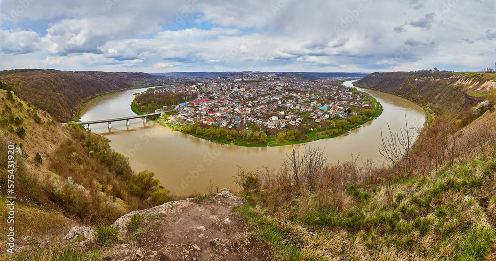 The Dniester River and the city of Zalishchyky, aerial view, a beautiful landscape of the city surrounded by a river, in the form of a horseshoe.