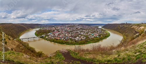 The Dniester River and the city of Zalishchyky, aerial view, a beautiful landscape of the city surrounded by a river, in the form of a horseshoe.