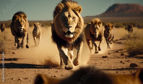 Pride of hungry lions in the sunny savannah of Africa. Generative ai.