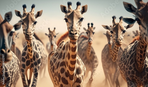 Herd of cute giraffes in the sunny savannah of Africa. Generative ai. © Ivan