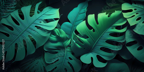 Close-up tropical, dark green leaves background. Lush, fantasy-like vegetation, AI generated botanical illustration. Moody, abstract nature decor pattern 