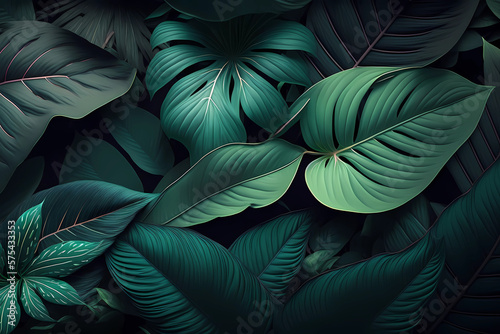 Close-up tropical, dark green leaves background. Lush, fantasy-like vegetation, AI generated botanical illustration. Moody, abstract nature decor pattern 