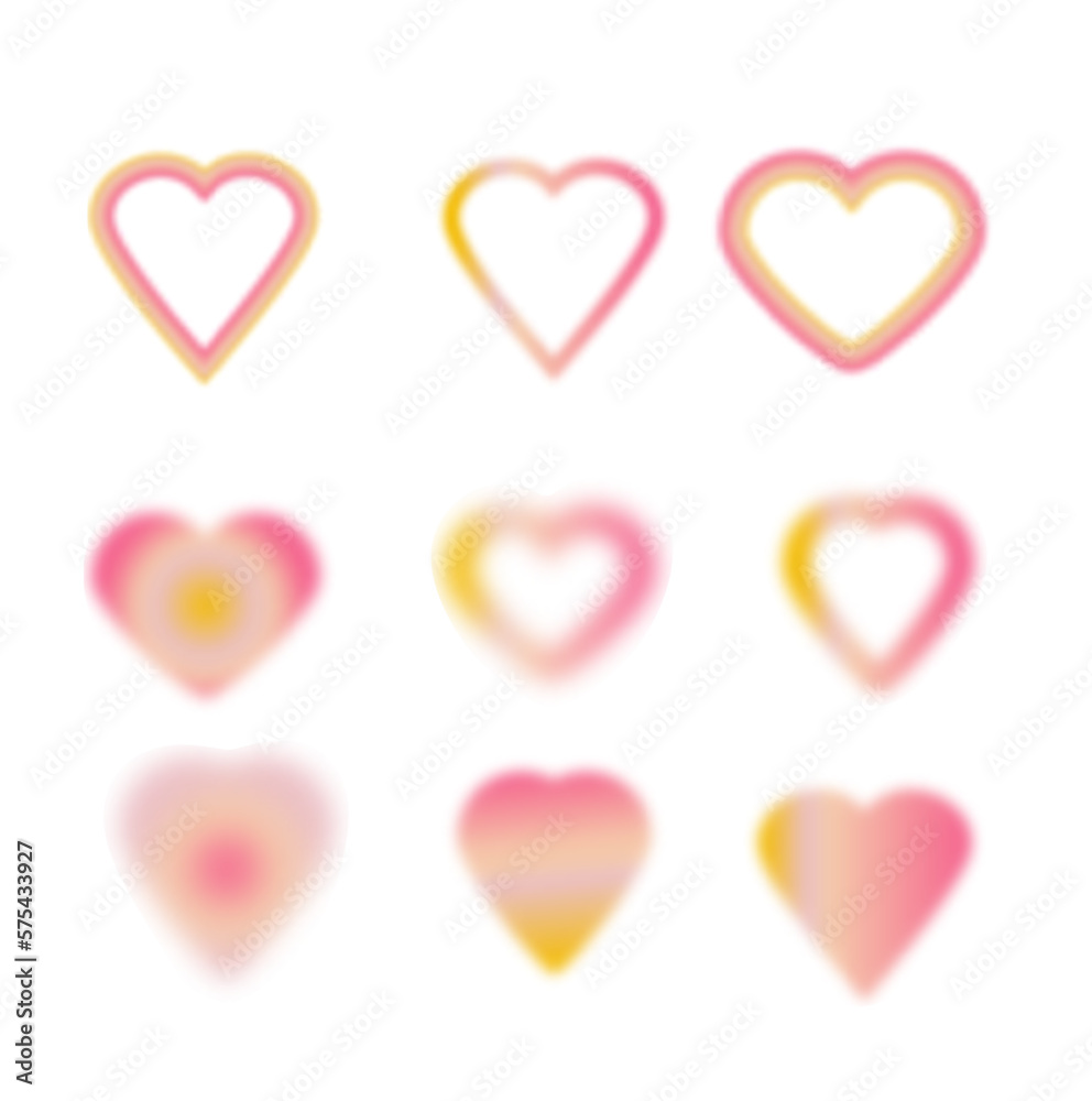 Blurry pink hearts aura aesthetic element Trendy y2k style design template. Modern groovy minimalist blurred gradient heart, social media or logo elements vector set