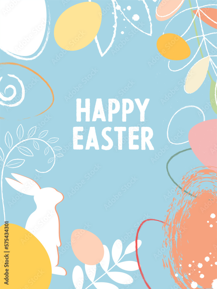 happy Easter greeting card, Easter red eggs, rabbit, bunny ears watercolor style blue pastel shades. happy Easter greeting card, Easter red eggs, rabbit, bunny ears watercolor style blue pastel shades.
