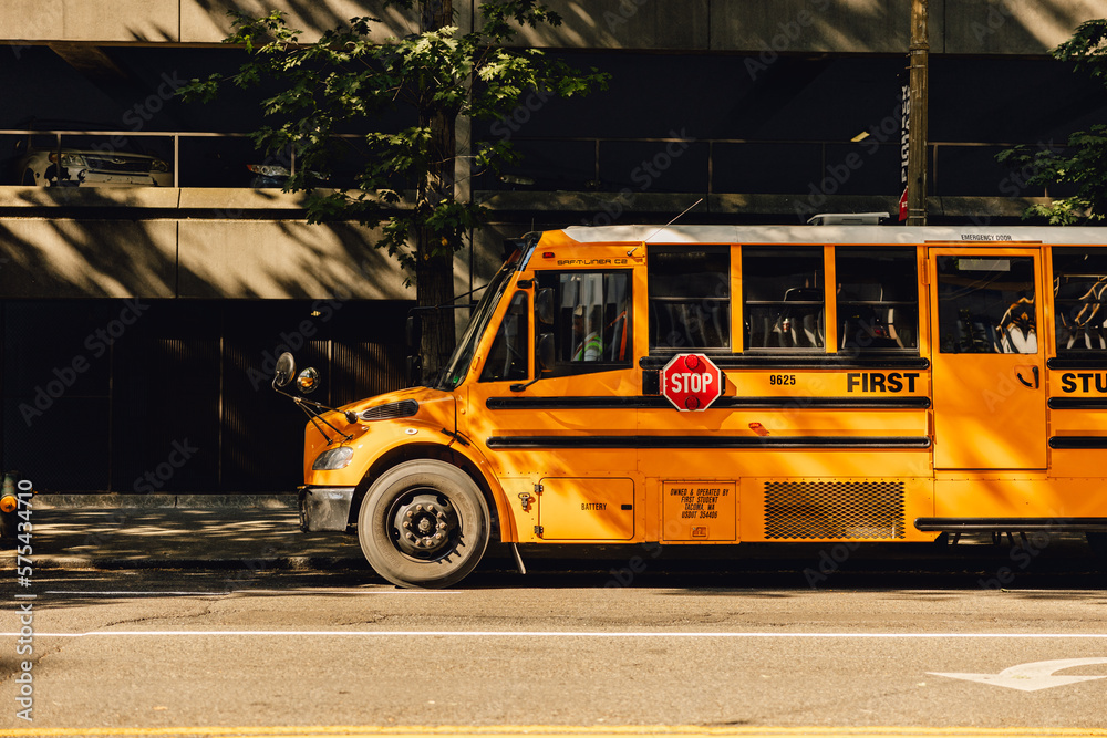 Yellow school bus parked in shady street on sunny summer day