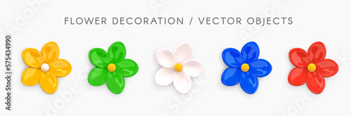 Abstract Chamomile Flower. 3d Vector Flowers Set in Yellow, Green, White, Blue, Red colors. Floral Decoration Clipart. Design element. Flower figurines icons isolated on white. 3d Vector illustration