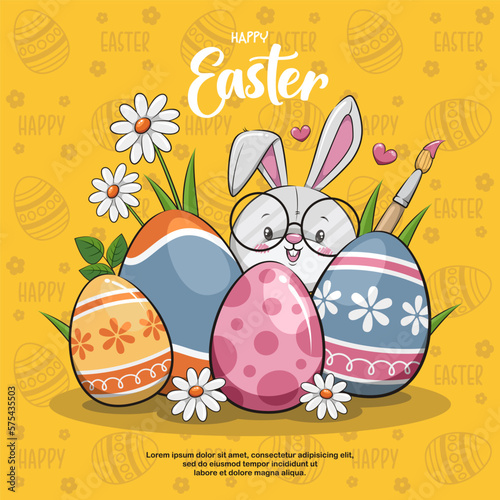 Happy Easter With Bunny And Eggs On Yellow Background. Cute Cartoon Illustration