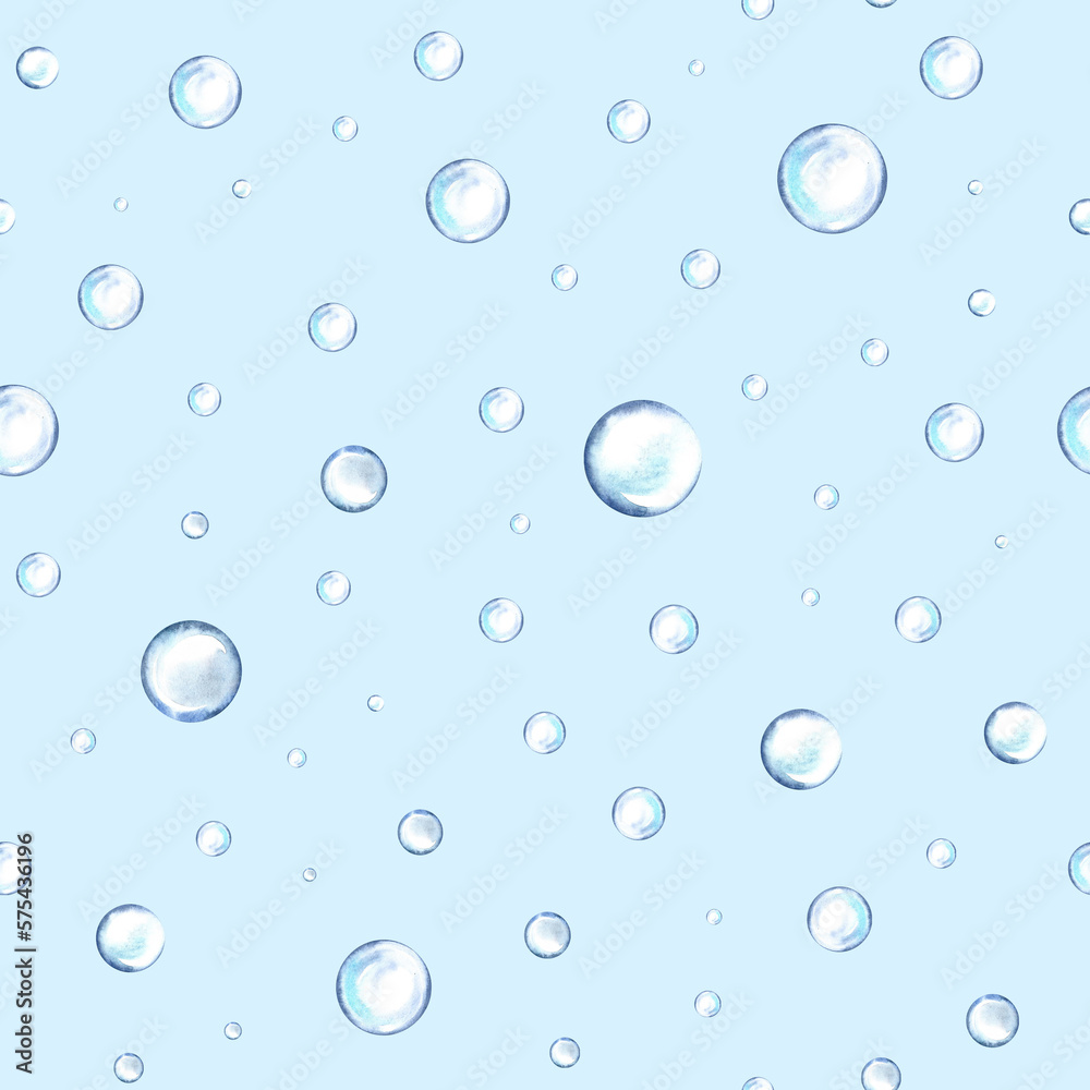 Transparent drops of water. Seamless pattern with water bubbles. Watercolor hand drawn. Label and textile Transparent drops of water. Seamless pattern with water bubbles. Watercolor hand drawn. Label and textile