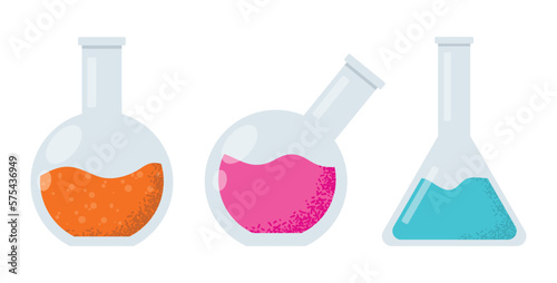 Laboratory equipment. Flat glass tubes, flask, glass and other chemical and medical laboratory measuring equipment. Vector illustration science concept isolated on background