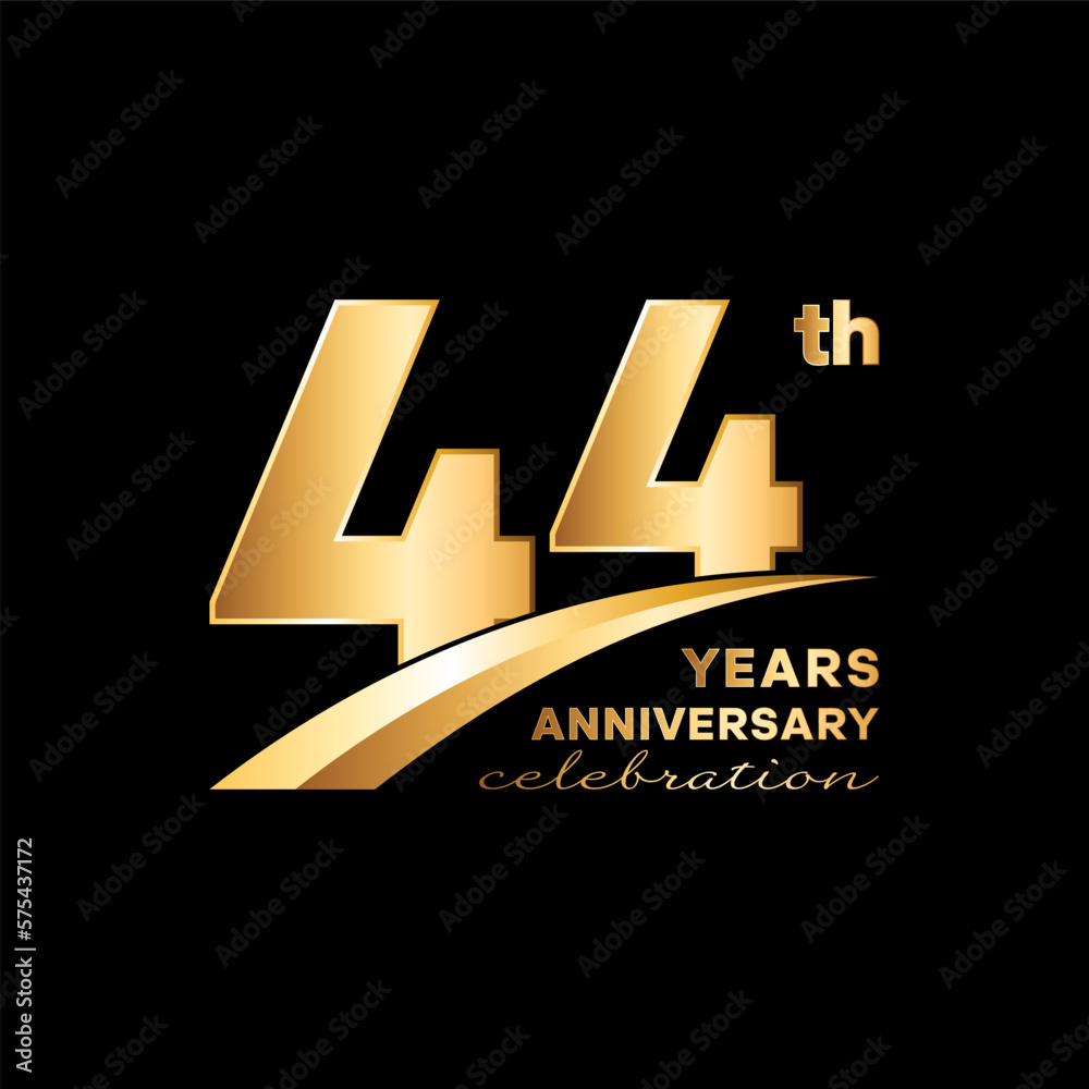 44th Anniversary logo design with golden number and text isolated on black background. Logo Vector Template 44th Anniversary logo design with golden number and text isolated on black background. Logo Vector Template