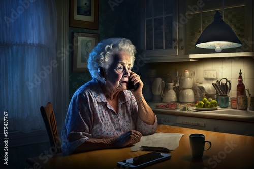 Fotografia an illustration of an elderly woman on the phone in dramatic lighting, being victim of a voice phishing scam