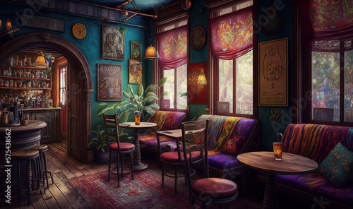 Foto a painting of a restaurant with colorful walls and chairs and tables