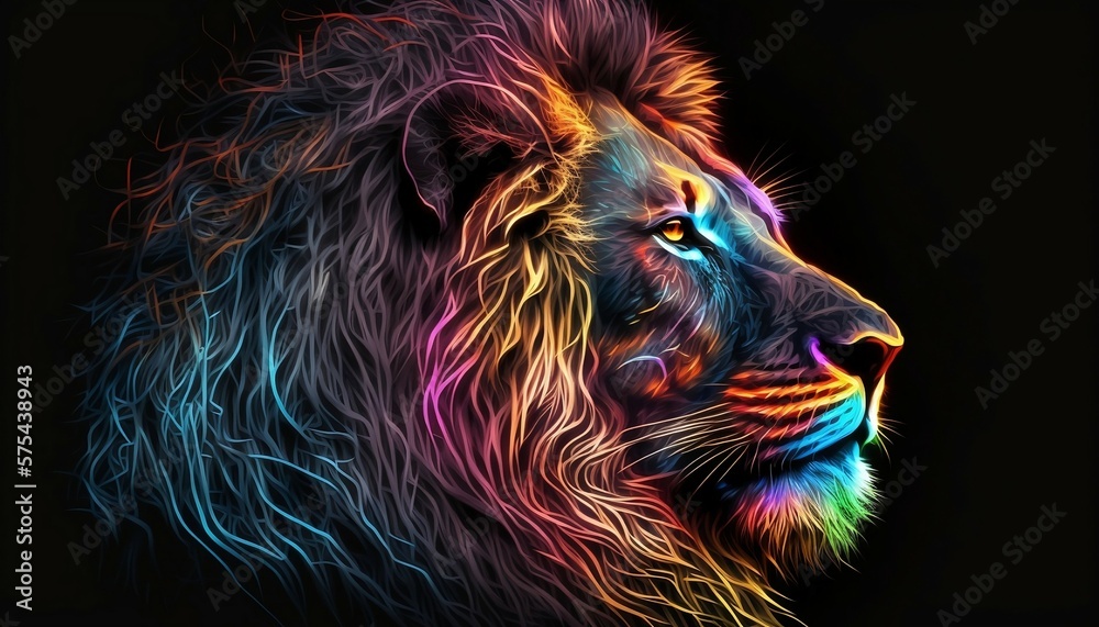 portrait lion head close-up colorful paint neon