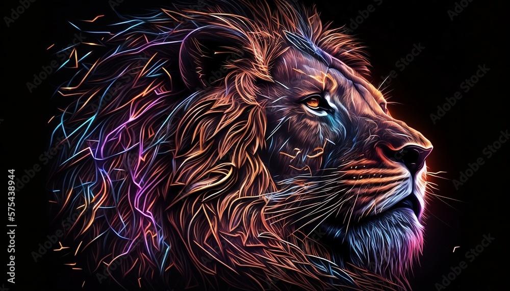 portrait lion head close-up colorful paint neon