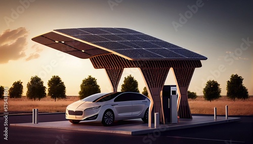 Autonomous charging station with solar panels for charging electric cars. Generative AI. © EUDPic