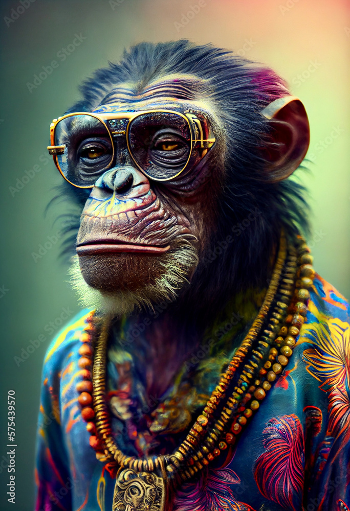 Generative AI abstract render of a hippie Chimpanzee