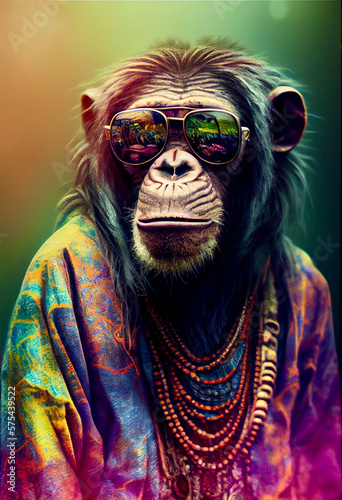 Generative AI abstract render of a hippie Chimpanzee © Schneestarre