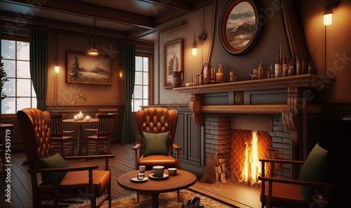  a living room with a fire place and a fireplace in it.  generative ai