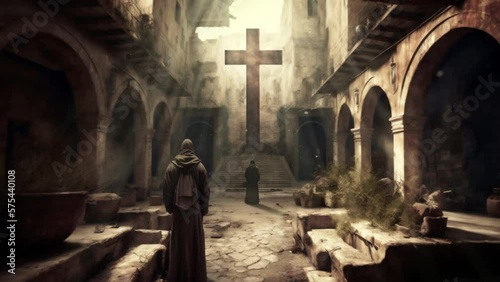 Alleyway of a Catholic Monastery with Monks Praying to a Stone Cross photo