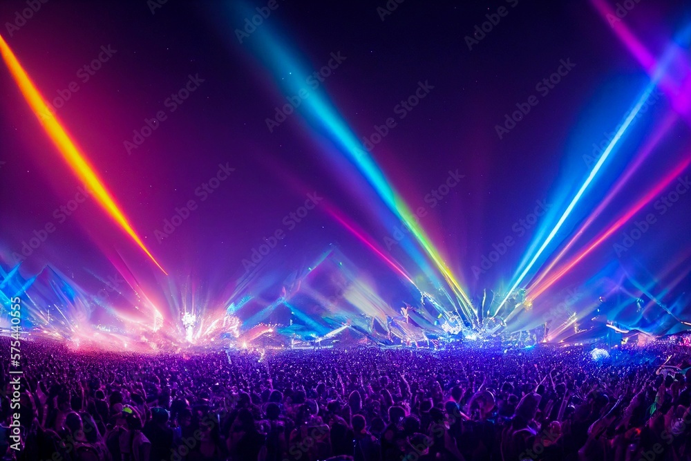Panorama live music concert crowd and audience with beams light show and concert lighting. Edm electronic techno music festival or rock show performance with crowded people silhouette. Generative AI - obrazy, fototapety, plakaty 