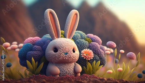 Cute bunny imagination Plant and colorful flowers. 3D realistic illustration. Generative AI