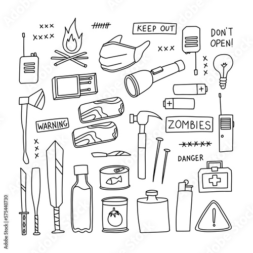 Survival Apocalypse Big Vector Set. Zombies. Survival stuff during the apocalypse. Zombie apocalypse. Survival kit. Сold weapon. Walkie-talkie. Pandemic. Canned food. Warning.